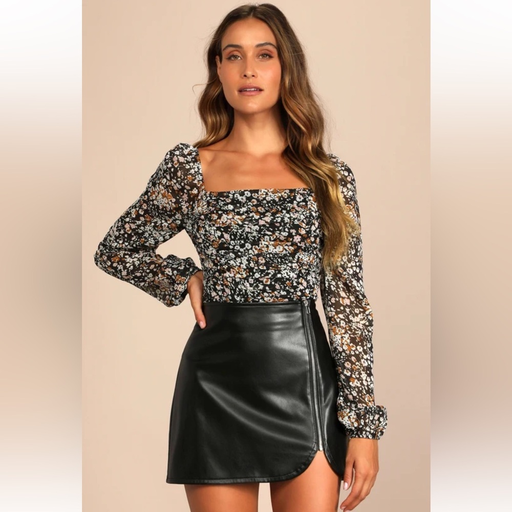 Lulus Mood Setter Black Floral Print Ruched Long Sleeve Top S